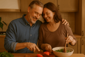 pareja mayor cocinando juntos